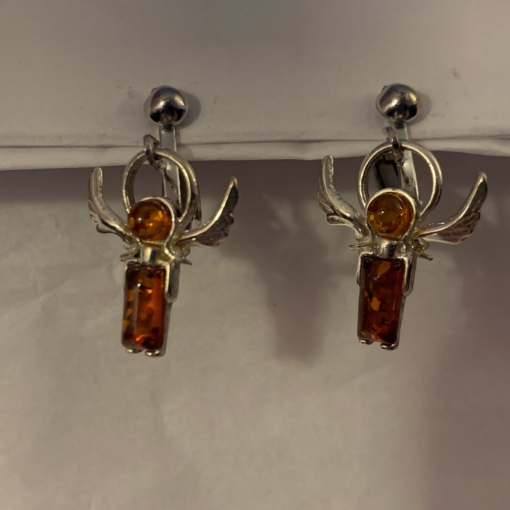 Silver and Amber Winged Design Clip On Earrings